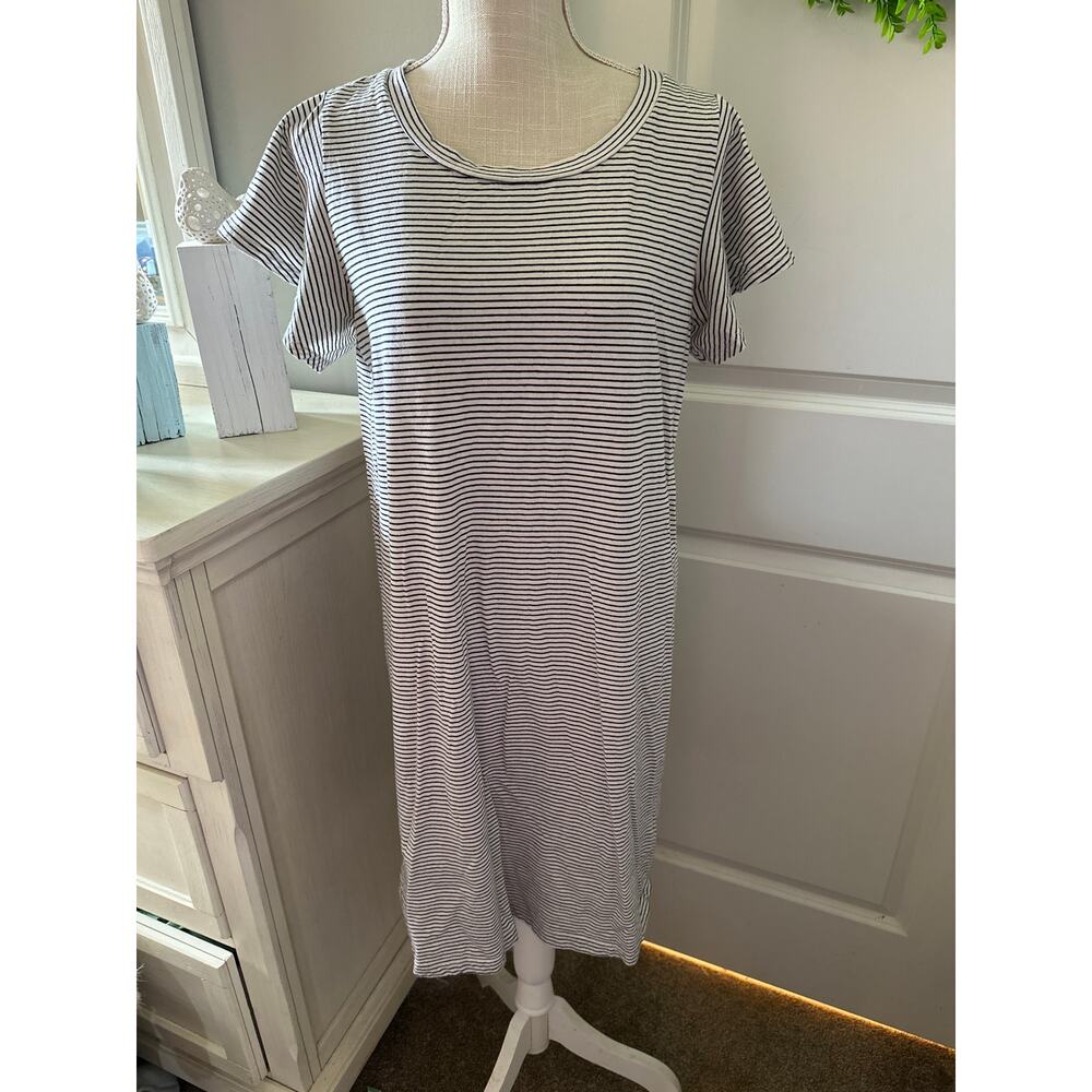 T.la Size Medium Cream and Black striped Knit Dress with Ruffled Sleeves EUC